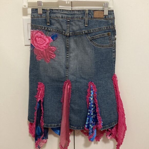 Extraordinary Denim Skirt Appliqué, inserts at hem in Pink,Floral & Blue Sequin - Picture 4 of 10